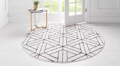 Rugs.com Lattice Trellis Collection Rug – 3 Ft Round White Low-Pile Rug Perfect for Kitchens, Dining Rooms