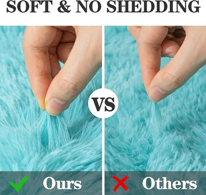 Soft Fluffy Area Rug for Bedroom, Teal Blue Fuzzy Shaggy Oval Throw Rugs for Bedside, Non-Slip Cozy Plush Shag Carpet for Kids Room Nursery Dorm Living Room, 2.6 x 5.3 Feet