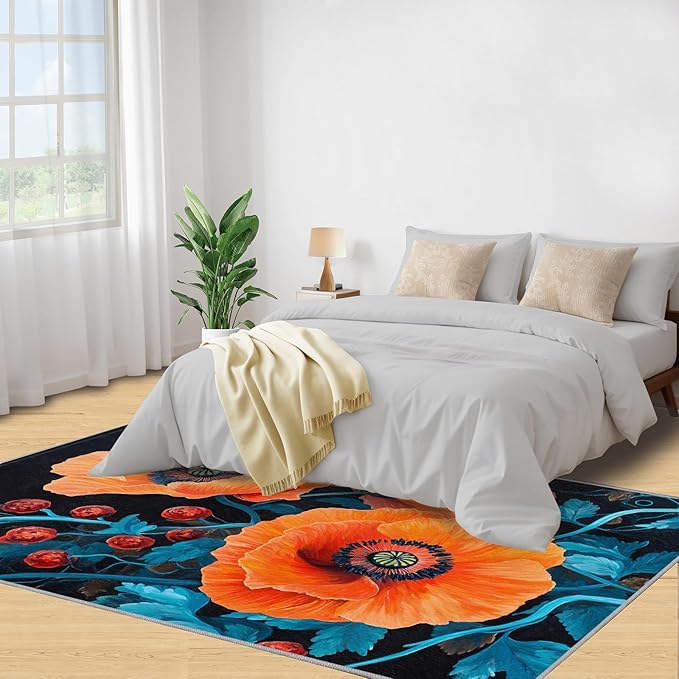 4x6 Poppy Cafe Rug - Retro Flowers Art Rugs for Bedroom Aesthetic, Rustic Florals Art Soft Comfortable Non-Slip for Offie Bedroom Study Boy Girl Room Hotel Dorm