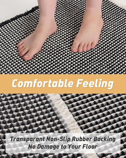 AMOAMI Upgraded Waffle Runner Rug Super Absorbent Non Slip Bath Mats for Bathroom Machine Washable Bathroom Runner Rug with Tassels, Ideal for Hallway Bedroom Laundry Room, 2' x 6', Black & Cream