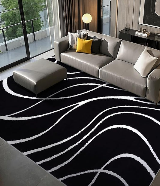 YIHOUSE Black Modern Area Rug 6x9,Abstract Rugs for Bedroom,Black and White Geometric Rug,Minimalist Striped Rug,Dark Washable Area Rugs 5x7 Non Slip Rugs for Living Room，Office