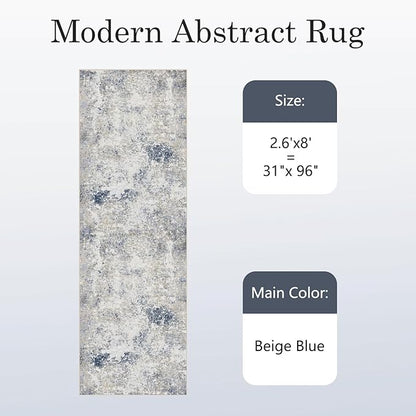 2.6'x8' Hallway Runner Washable Rug - Modern Abstract Rug Runners for Hallways Non-Slip Low Pile Thin Soft Machine Washable Carpet for Bedroom, Laundry, Kitchen, Indoor Entryway (2.6'x8' Beige Blue)