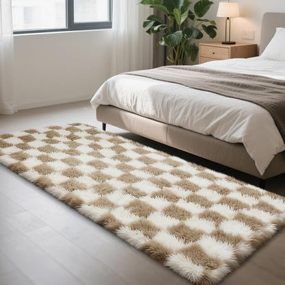 Checkered Rug for Bedroom, 3x7 Beige and White Area Rugs, Classic Checkered Carpets Shaggy Area Rug, Bedside Rugs for Living Room Bedroom Kids Room Home Decor