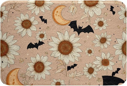 Groovy Daisy Bathroom Rugs for Girls Women Retro Flower Floral Bath Mat Moon and Stars Non Slip Bath Rugs Psychedelic Outer Space Planets Fluffy Plush Rugs 20x32 Halloween Bats Shower Carpet