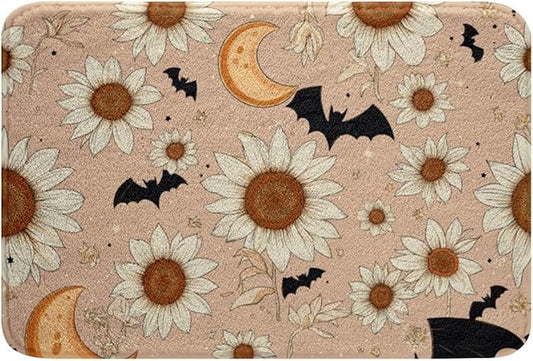 Groovy Daisy Bathroom Rugs for Girls Women Retro Flower Floral Bath Mat Moon and Stars Non Slip Bath Rugs Psychedelic Outer Space Planets Fluffy Plush Rugs 20x32 Halloween Bats Shower Carpet