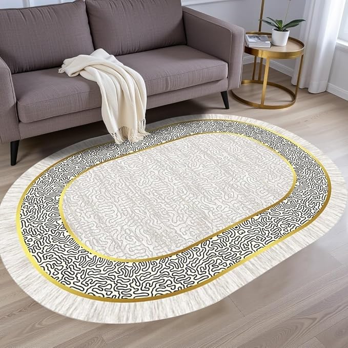 Off White Black Gold Indoor Rugs Modern Minimalist Abstract Geometric Pattern Home Office Area Rug 7x9 for Livingroom Bedroom Dining Room Soft Durable Non Skid Carpet Under Table Bordered Floor Mat