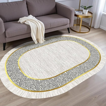 Off White Black Gold Indoor Rugs Modern Minimalist Abstract Geometric Pattern Home Office Area Rug 7x9 for Livingroom Bedroom Dining Room Soft Durable Non Skid Carpet Under Table Bordered Floor Mat
