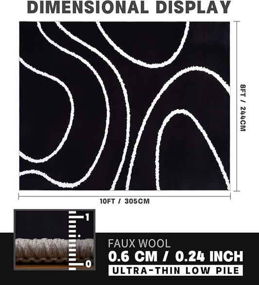 YIHOUSE Black Modern Area Rugs 8x10,Large Black and White Rugs for Living Room,Wave Washable Rug 8x10,Thin Abstract Geometric Rug,Minimalist Striped Rugs for Bedroom,Office