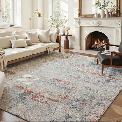 Area Rug 9x12 Washable Rug Grey and Brown for Living Room, Dining Room, Bedroom, Large Carpets, Non Slip & Non-Shedding Low Pile Vintage Print Rug for Home Office Decor