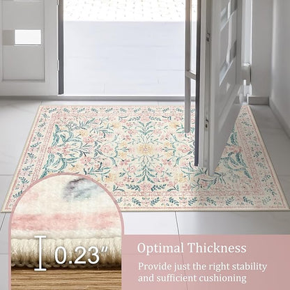 Morebes Floral Pink Rugs for Bedroom Girls, Washable 5x7 Large Area Rug for Living Room Non Slip, Vintage Low-Pile Indoor Floor Boho Flower Carpet for Kids Nursery Playroom, Light Pink&Green
