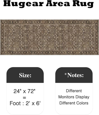 HUGEAR 2x6 Runner Rug Machine Washable Brown Hallway Area Rugs Indoor Accent Rugs Floral Low Pile Carpet Distressed Throw Rug Bedroom Living Room Office Dining Kitchen Laundry Non Slip