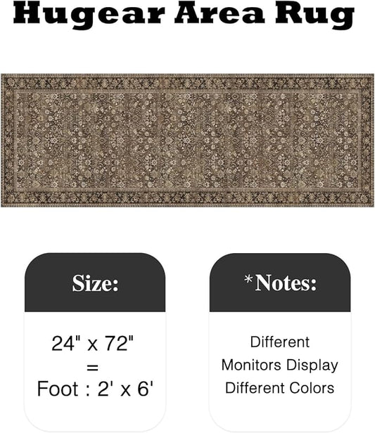 HUGEAR 2x6 Runner Rug Machine Washable Brown Hallway Area Rugs Indoor Accent Rugs Floral Low Pile Carpet Distressed Throw Rug Bedroom Living Room Office Dining Kitchen Laundry Non Slip