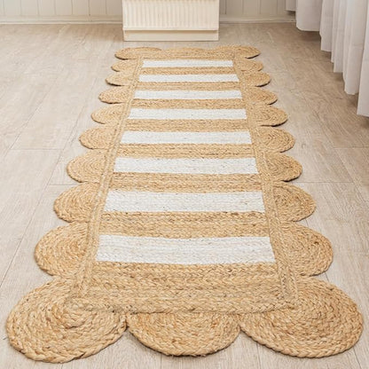 HOMEMONDE Scalloped 2'x6' Jute Runner Rug - Natural Braided Fiber - Handmade Boho Farmhouse Style Décor - Rustic Vintage Sustainable Area Rug for Entryway, Hallway, Kitchen, Bedroom, Living Room
