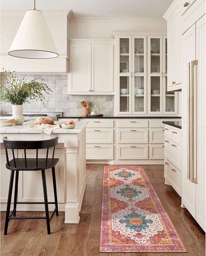 Moynesa Ultra-Thin Washable Runner Rug - 2'6"x8' Pink Runners for Hallways, Boho Non-Slip Bedroom Rug Runner, Vintage Oriental Medallion Kitchen Carpet Runner for Home Entrance Decor