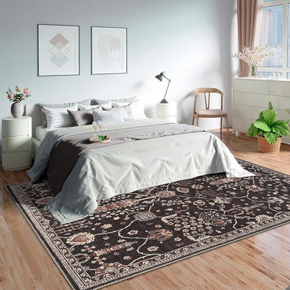 GLN Rugs Traditional Collection - Machine Washable Area Rug, Traditional Washable, Non Slip, Low Pile Chenille Rug, Living Room, Bedroom, Kitchen Rug (3' x 5' Black)