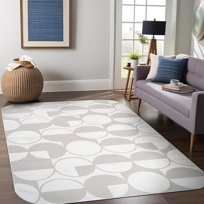 Beverly Rug Modern Geometric Area Rug 6x9 Low-High Pile Durable Soft Abstract Circular Indoor Rugs for Living Dining Room Office Stain Resistant Non Shedding Casual Indoor Carpet Beige White 6 x 9