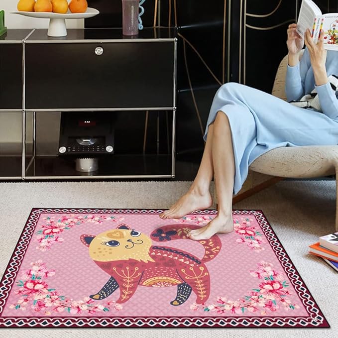 Cartoon Animal Pattern Area Rug Cute Cat Luxury Floral Decor for Carpet Farmhouse Bedroom Living Room Rugs Bathroom Kitchen Runner Mat Indoor Outdoor Non Slip Doormat 2' X 5'