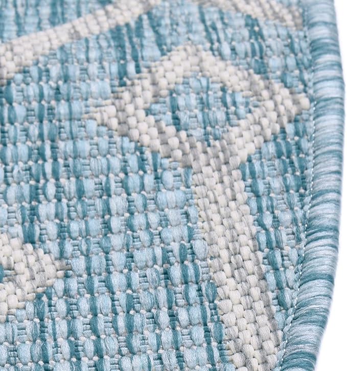 Unique Loom Outdoor Trellis Collection Area Rug - Tribal Trellis (3' 3" Round, Aqua/ Ivory)