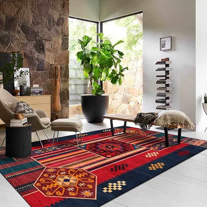 Vintage Boho Area Rugs Multicolor Ethnic Style Geometric Splicing Carpets Bedroom Living Room Kitchen Floor Mats Indoor Outdoor Non-Shedding Runner Rug Home Décor Carpet 2' X 5'