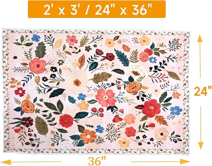 Floral Rug Door Mat Indoor Entrance 2x3 Rug Washable Small Area Rug Non-Slip Low-Pile Floor Carpet for Indoor Entryway Front Entrance Kids Room（Pink）