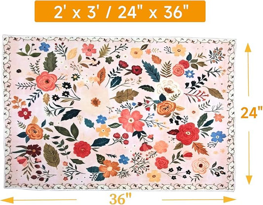 Floral Rug Door Mat Indoor Entrance 2x3 Rug Washable Small Area Rug Non-Slip Low-Pile Floor Carpet for Indoor Entryway Front Entrance Kids Room（Pink）