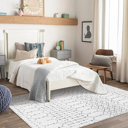 Lahome Moroccan Washable Living Room Rug - 3x5 Area Rugs for Bedroom Throw Non-Slip Low-Pile Entryway Rug Bathroom Rugs Soft White Distressed Indoor Capet for Office Kitchen Laundry Room Dining Room