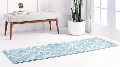 Rugs.com Lattice Frieze Collection Rug – 2' x 13' Runner Light Blue Medium Rug Perfect for Living Rooms, Large Dining Rooms, Open Floorplans