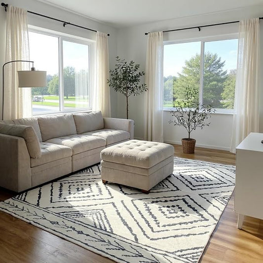Area Rug 9x12 Rug Machine Washable Non-Slip Low Pile Print Pattern Western Rug for Living Room Bedroom Entryway Tribal Series -Navywhite/Black