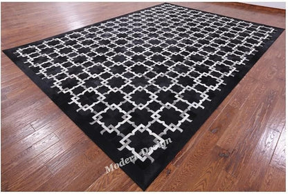 Modern Design Premium Cowhide Leather Carpet with Chevron Pattern, Area Rug (Black/Grey/White, 9x12)
