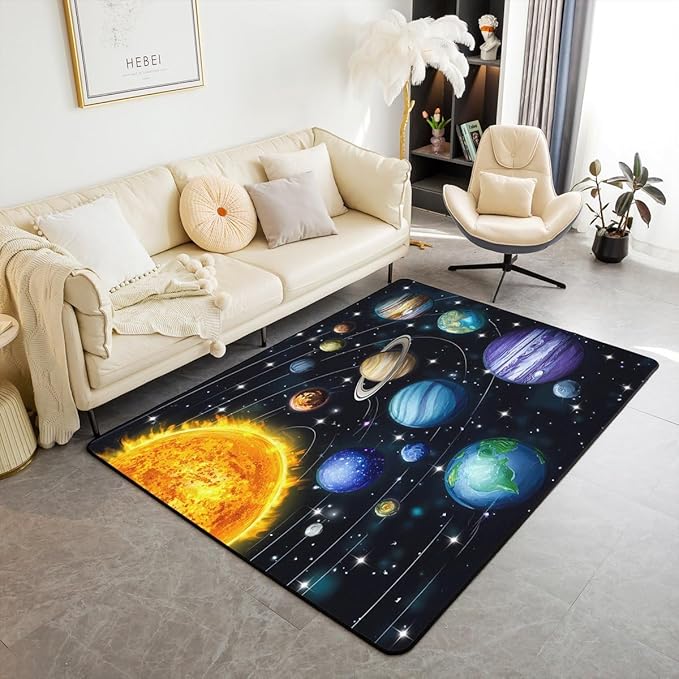 Planet 3 x 5 Area Rug Solar System Outer Space Rugs for Living Room | Universe Galaxy Washable Rug, Cosmic Earth Star Carpet Indoor Floor Mat