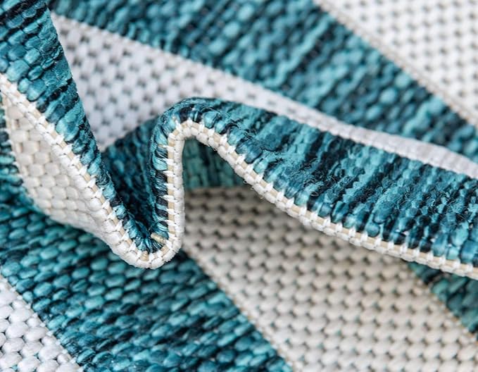 Unique Loom Outdoor Collection Classic Stripes, Transitional Indoor & Outdoor Area Rug, Rectangular 8' 0 x 11' 0 Teal/ Ivory