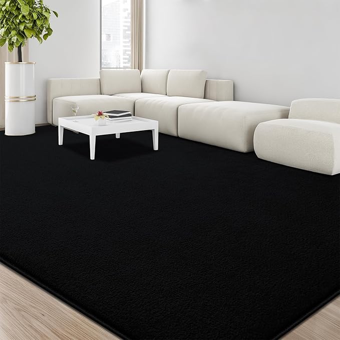 Large Area Rugs for Living Room Bedroom, 7x10 Feet Black Rug, Minimalist Modern Shag Rug, Soft Thick Comfy Memory Foam Indoor Carpet, Non-Slip Washable Rug for Boys Girls Dorm Nursery Room Home Decor