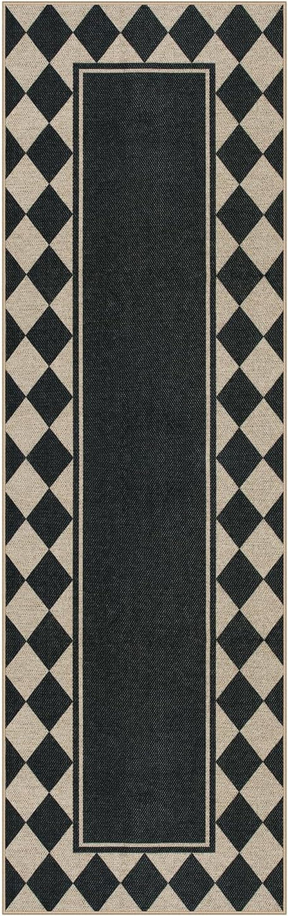 Moynesa Easy Jute Hallways Runner Rugs Washable 2.5x8 Entryway Rug Runners for Kitchen Black Checkered Indoor Outdoor Carpet for Entryway Patio, Diamond Grid Mat for Bathroom Bedroom Laundry