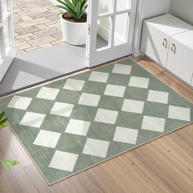 Lahome Checkered Washable 2x3 Green Kitchen Rugs Non Slip, Small Printed Indoor Door Mat for Entryway, Moroccan Trellis Ultra-Thin Throw Carpet for Bedroom Laundry Entrance Decor (2'x3',Green)