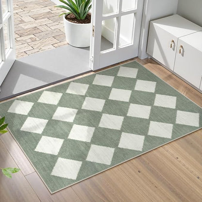 Lahome Checkered Washable 2x3 Green Kitchen Rugs Non Slip, Small Printed Indoor Door Mat for Entryway, Moroccan Trellis Ultra-Thin Throw Carpet for Bedroom Laundry Entrance Decor (2'x3',Green)