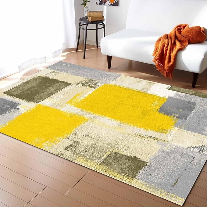 Yellow Rectangular Area Rugs for Living Room Bedroom 5 x 8 ft Abstract Paint Texture Modern Art Non-Shedding Soft Low Pile Rug Non Slip Washable Rug for Nursery Entryway Playroom