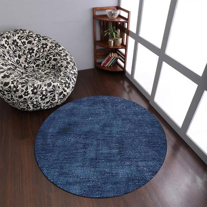 Hand Knotted Loom Wool ECO-Friendly Area Rugs - 6'x6', Round, Blue Color, Solid Plain Design, High Pile Thick Handmade Anti Skid Area Rugs for Living Room, Bed Room (L00111)