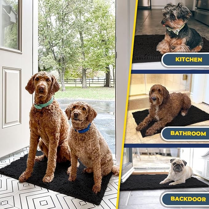 Muddy Mat® Shown on TV – Super Absorbent Microfiber Dog Door Mat for Muddy Paws, Non-Slip Washable Pet Rug, Quick Dry Chenille Entryway Carpet, Machine Washable Indoor Outdoor mat, Black 28"x18"