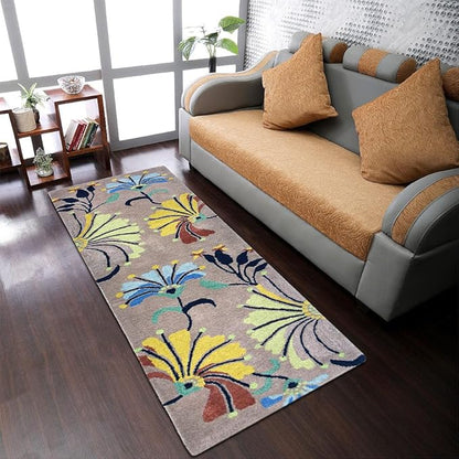 Rugsotic Carpets Hand Tufted Wool ECO-Friendly Area Rugs - 2'6''x6', Runner Shape, Camel, Floral Modern Design, High Pile Thick Handmade Anti Skid Area Rugs for Living Room, Bed Room (K00219)