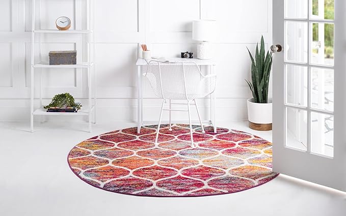 Rugs.com Lattice Frieze Collection Rug – 8' Round Multi Medium Rug Perfect for Kitchens, Dining Rooms