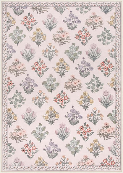 Wonnitar Pink Rugs for Bedroom Girls Nursery, Floral Print 5x7 Washable Rug, Boho Ultra-Thin Non Slip Soft Cozy Carpet for Room Decor Kids Playroom Office Living Room, Pale Pink