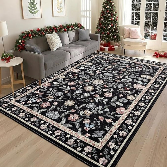 GarveeHome Washable Area Rug 9 x 12 for Living Room, Non-Slip Soft Vintage Rug, Low Pile Farmhouse Floral Carpet, Non-Shedding Indoor Foldable Printed Rugs for Bedroom, Black