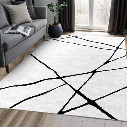 YIHOUSE Geometric 9x12ft Modern Washable Area Rug for Living Room Bedroom - Large Abstract Black and White Rug Non-Slip Ultra-Thin Home Decor