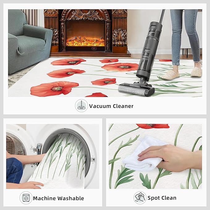 Little Red Flower Rugs for Bedroom - 5x8 Area Rug - Abstract 3D Flowers Rugs for Living Room, Modern Simple Art Rug, Non-Slip Washable Home Decor Carpet