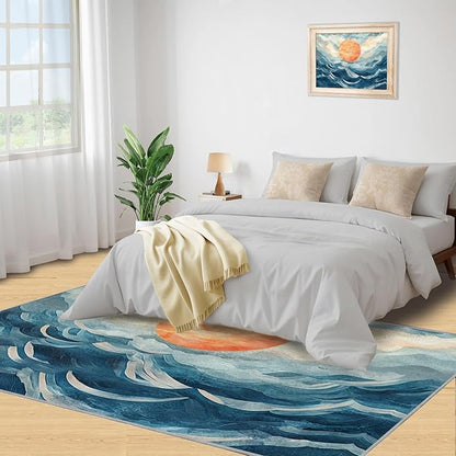 Boho Sun Area Rugs 8x10ft, Mosaic Sunburst Area Rug for Living Room, Abstraction Deco Modern Rug with Double Sided Carpet Tape for Bedroom Men Room Decor