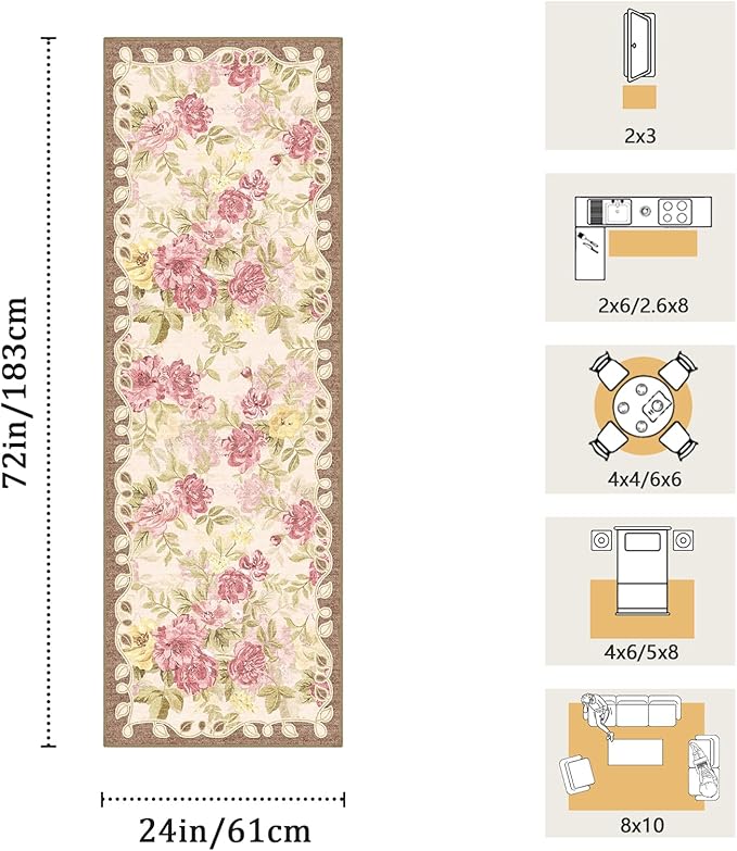 2x6 Machine Washable Runner Rug, Kitchen Hallway Area Rug Pink Vintage Boho Floral Ultra Non-Slip Low Pile Soft Faux Wool Carpet, Kids and Pets Friendly for Bedroom Entryway Nursery Home Decor Rug