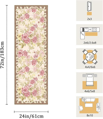 2x6 Machine Washable Runner Rug, Kitchen Hallway Area Rug Pink Vintage Boho Floral Ultra Non-Slip Low Pile Soft Faux Wool Carpet, Kids and Pets Friendly for Bedroom Entryway Nursery Home Decor Rug