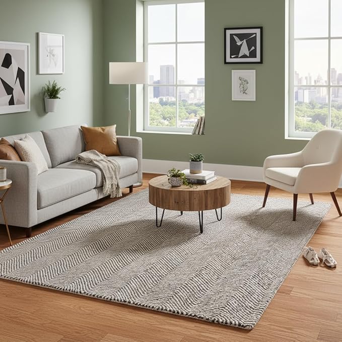 Modern Herringbone Chevron Collection Handcrafted Wool Area Rug - Durable, Zigzag Pattern, for High Traffic, Contemporary Design for Living Room, Bedroom, Dining Room Decor (Dark Olive, 9' x 12')
