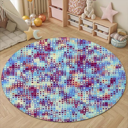 Abstract Pixel Geometry Round Rug Ombre Blue Purple Living Room Circle Area Rugs 5ft Washable Soft Non Slip Low Pile Indoor Floor Carpet for Bedroom Office Kitchen Coffee Table