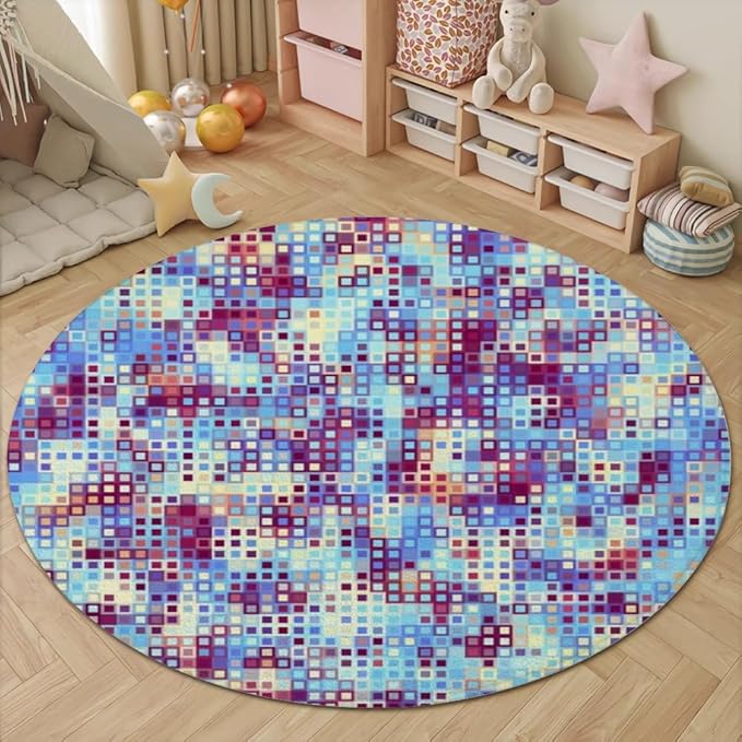 Abstract Pixel Geometry Round Rug Ombre Blue Purple Living Room Circle Area Rugs 6ft Washable Soft Non Slip Low Pile Indoor Floor Carpet for Bedroom Office Kitchen Coffee Table